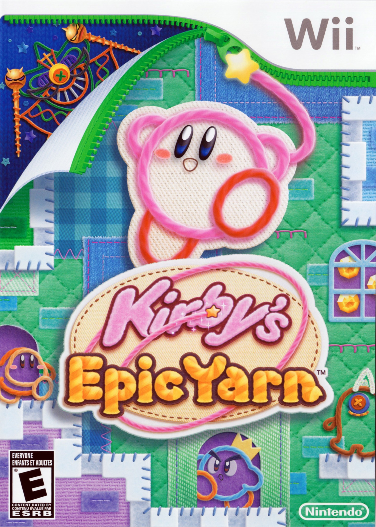 the box art for Kirby's Epic Yarn for the Wii. it feature's Kirby, a round pink character, but made of yarn. behind him is a castle made of patchwork quilts. in the top left, the quilt is folded forward to reveal the evil sorcerer, Yin-Yarn, the villain who banished Kirby to Patch Land